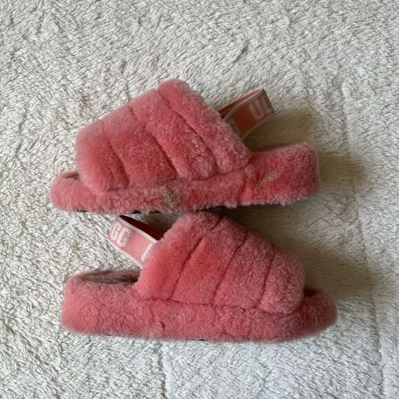 Ugg Australia Fluff Yeah Fuzzy Slip On Slippers Peach Pink Sandals - Picture 1 of 7